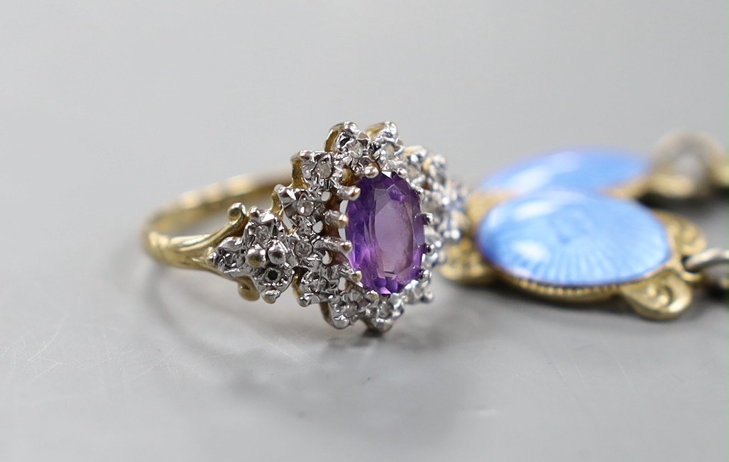 A modern 9ct gold, amethyst and diamond chip set oval cluster ring, size L, gross weight 2.2 grams and a Norwegian gilt sterling and enamel oval link bracelet, 18cm.